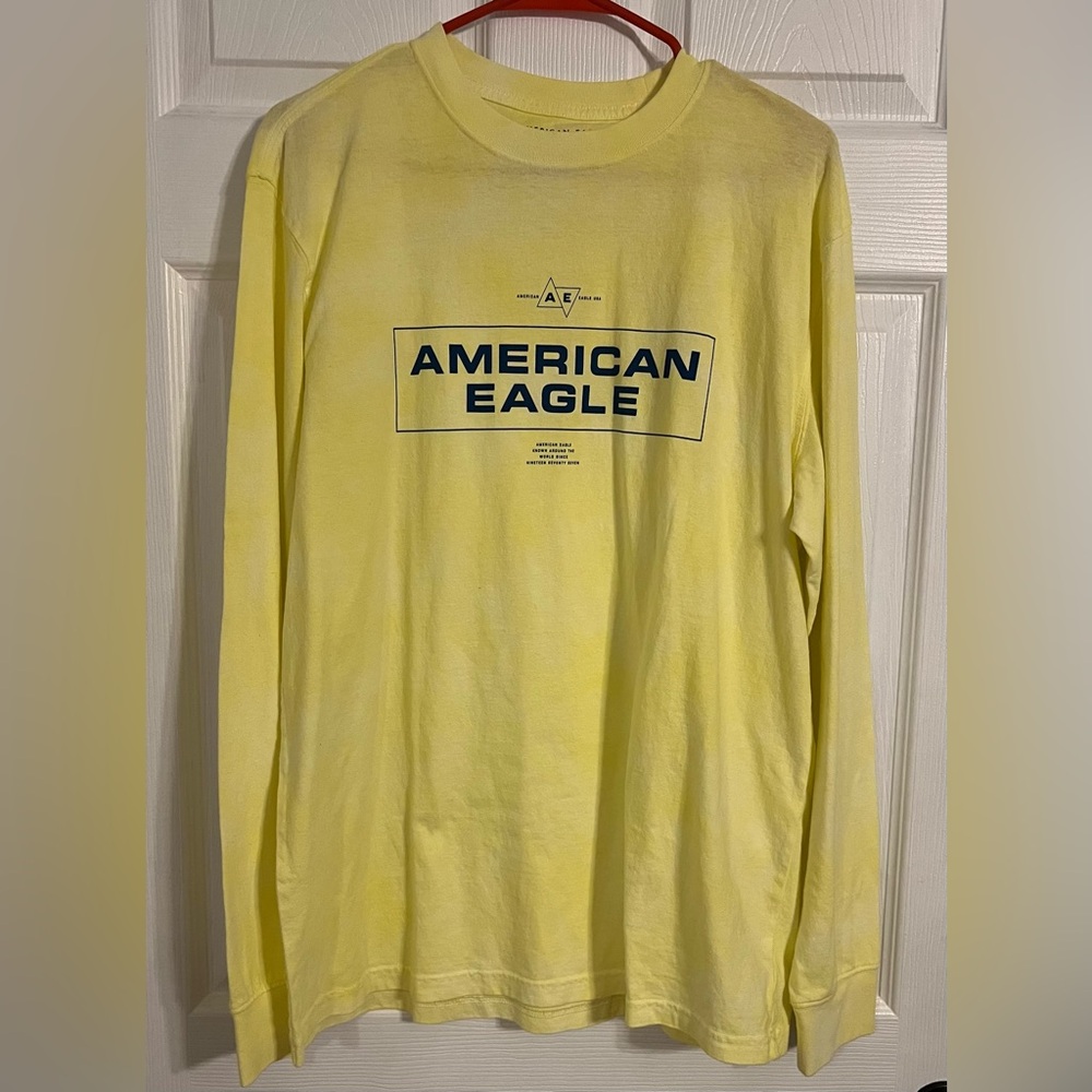 American Eagle Men’s Long Sleeve Tshirt Yellow Size Medium Logo Tie Dye